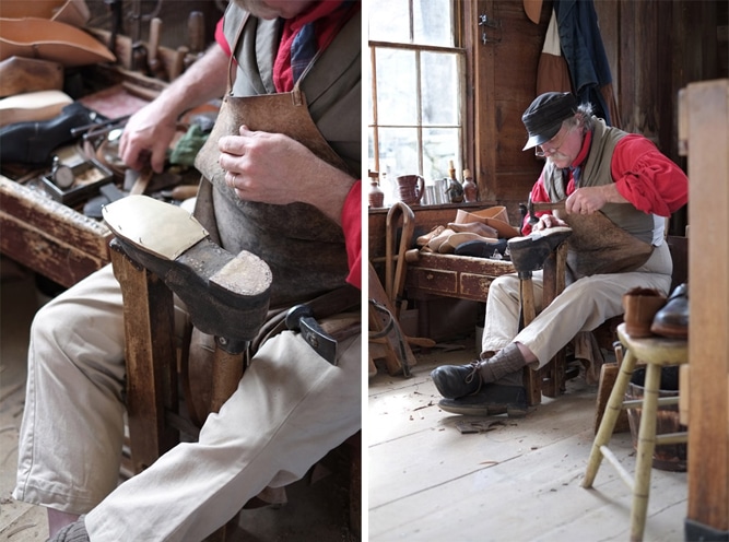Shoemaker Peter Oakley works on a man's shoe at the village shoe shop originally from Sturbridge circa 1800-1850 and moved to OSV in 1939.