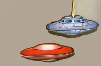 Two illustrated UFOs: one blue with windows and a pointed top, the other red and flatter with a dome. Both are floating against a plain background.