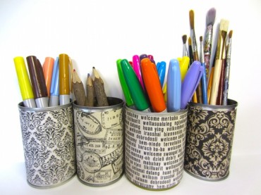 Decorative tin cans as desk organizers