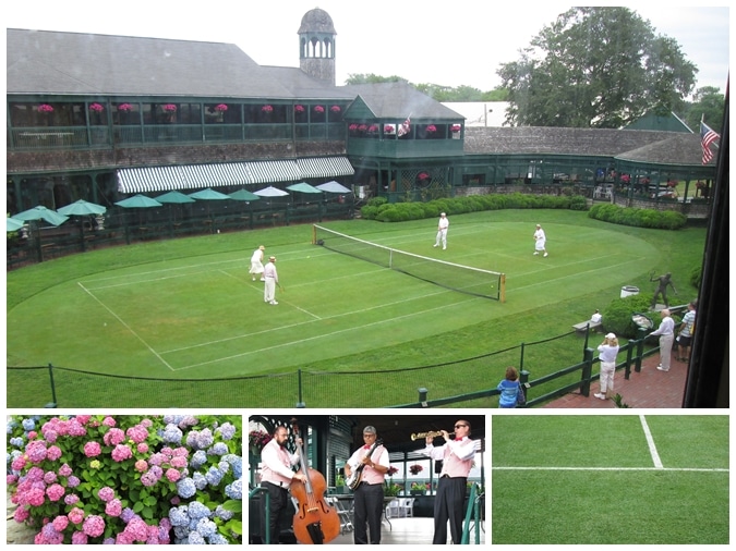 A sweet demonstration of lawn tennis as it was played back in the day -- plus the flowers, the musicians, that green grass -- a great scene.