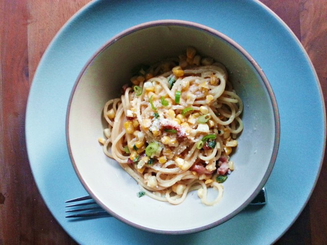 Pasta with corn, bacon, and scallions