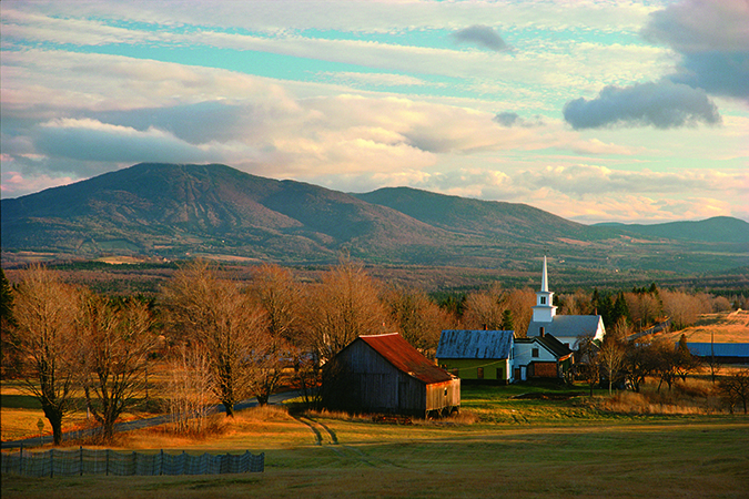 The small town of Newark is located in the heart of Vermont’s Northeast Kingdom; Burke Mountain Ski Resort is in the background. 