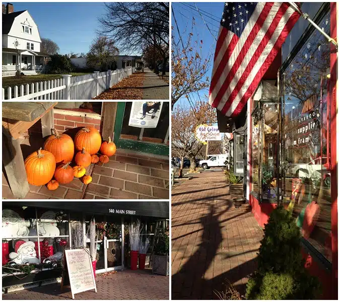 Collage of an American small town in autumn featuring white houses, pumpkins on a doorstep, a storefront with holiday decorations, and a shop with an American flag outside.