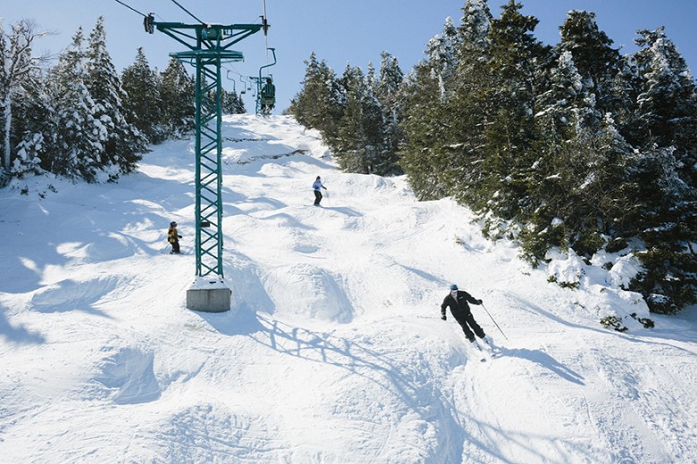 Moguls line the trail below the single chair lift at Mad River Glen.