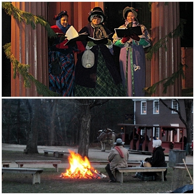 Top: Victorian carolers in front of the c. 1835 Thompson Bank, built in Greek-revival style. Bottom: Villagers warm up by the bonfire, with the horse-drawn sleigh in the background.