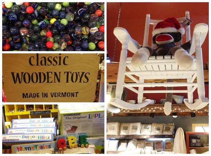 The toy section is filled with Slinky boxes; sock monkeys; marbles; and wooden (not plastic) toys made in America.