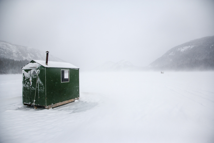 Ice Fishing shacks on Jordan Pond, in Acadia National Park.