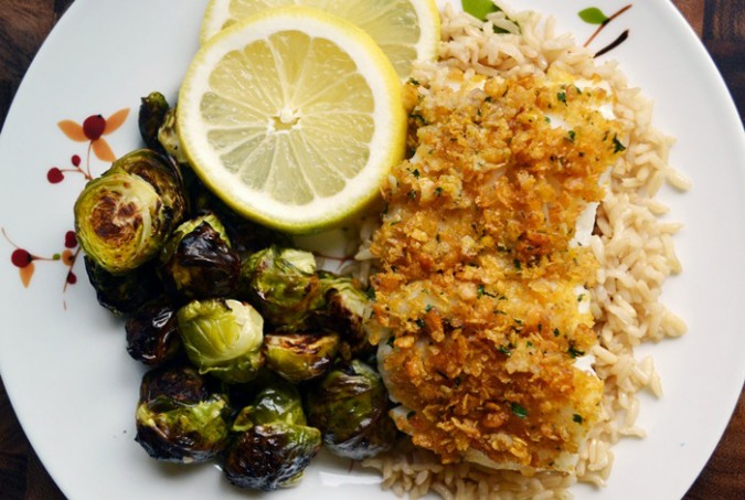 baked fish with brussels sprouts