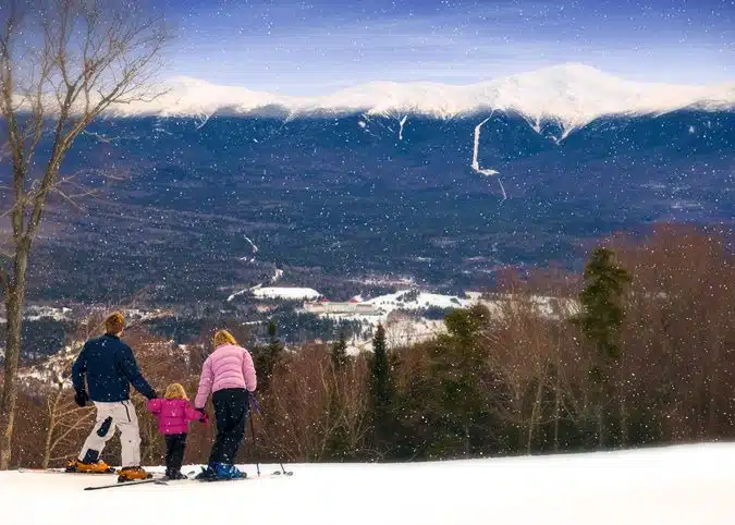 Three people, two adults and a child, stand on a snowy mountain slope with ski gear, overlooking a scenic valley with snow-covered mountains and trees in the background. Snowflakes are falling gently.