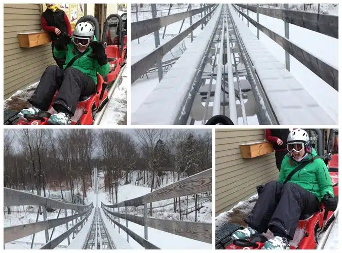 Person in winter gear sitting on a red sled on a snowy track, preparing for a ride down a hillside; images also show the snowy track and scenic surroundings.