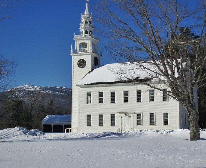 The Meetinghouse in Jaffrey Center is sited with a view to Mount Monadnock.