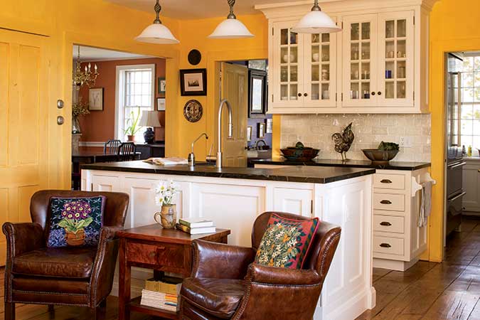 The Haywards’ kitchen, redesigned by Vermont cabinetmaker Steven Kenzer in 2009. “We wanted a kitchen that would settle quietly into this house built in the late 1700s,” Gordon says. 