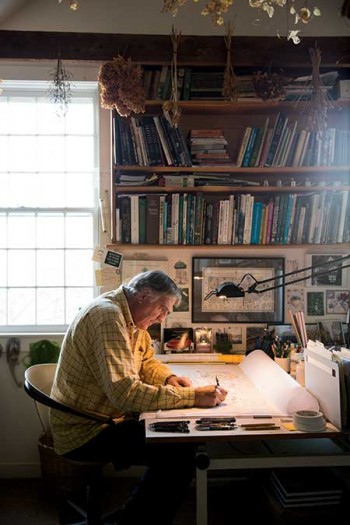 Gordon’s office, in the barn’s converted hayloft, where he continues to work with pencil and paper, instead of on a computer. 