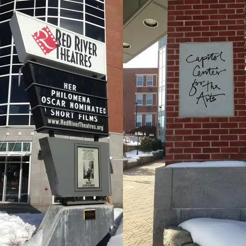 Two adjacent images: one shows the marquee of Red River Theatres advertising Oscar-nominated short films, and the other shows a sign for Capitol Center for the Arts. Snow is visible on the ground.