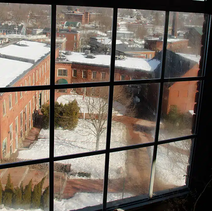 A view of the mill buildings that surround Amesbury Industrial.