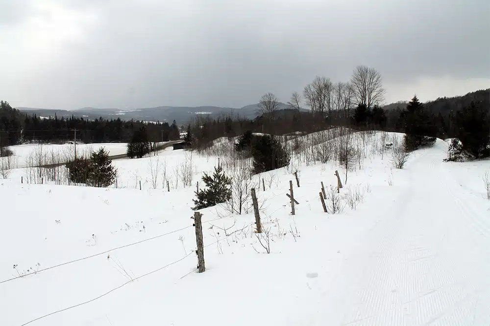 A snowy landscape with a visible trail on the right, a fence running parallel to it, sparse trees, and hills in the background under an overcast sky.