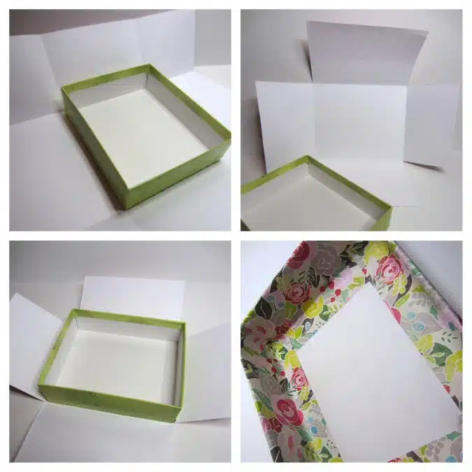 The initial steps in wrapping your display box with patterned paper.