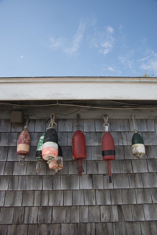 Colorful lobster buoys hang on the shingled shack at Round Pond Lobster Co.
