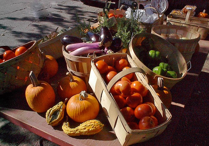 Late-Summer veggies, set out for sale at the old Three-Roads farm stand. 