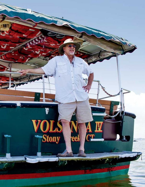 Captain Bob Milne on the stern of his tour boat, the Volsunga IV. He’s a native of Stony Creek, a mainland village of Branford, Connecticut, and has spent most of his life on the water.
