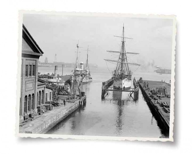 Berthed at Charlestown Navy Yard, c. 1930, was the USS Nantucket, a steamer (with auxiliary sail). A training ship from 1920 to 1944, it had served as a Navy gunboat in Asia and Central America from 1876 to 1920.