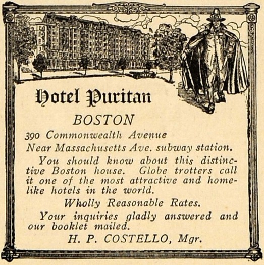 An old advertisement for the Hotel Puritan in Boston