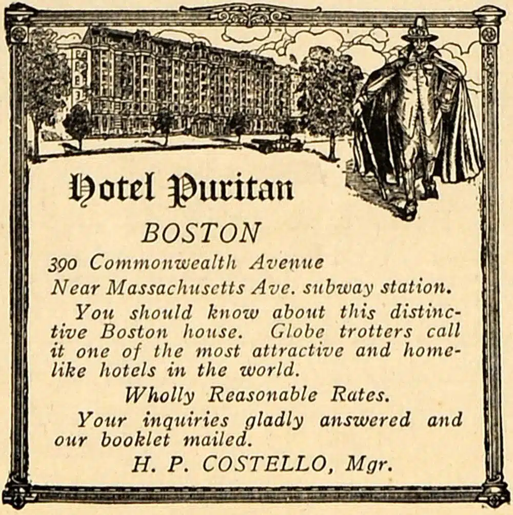 Vintage advertisement for Hotel Puritan in Boston, highlighting its location at 390 Commonwealth Avenue, near Massachusetts Ave. subway station, and promoting its attractiveness and reasonable rates.