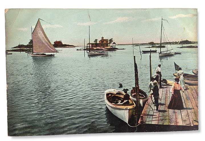 A vintage postcard from the Gilded Age. Although there are no longer any hotels on the Thimbles, in the mid- to late 19th century and into the 20th, the islands were a vacation spot offering accommodations and amusements.