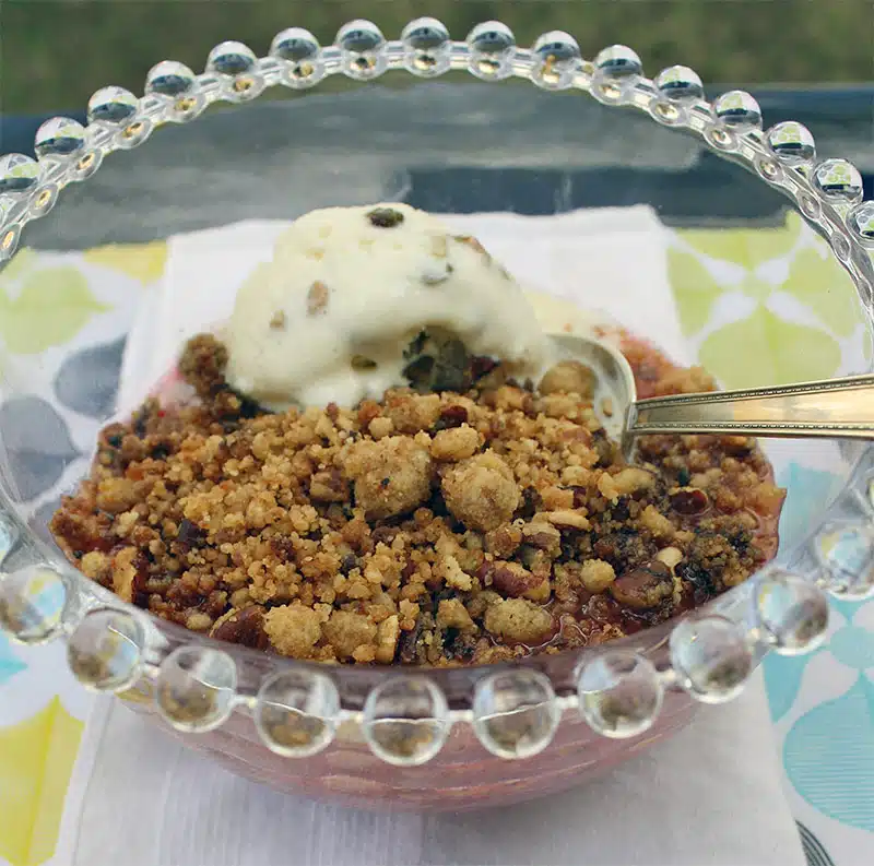 A glass bowl filled with a fruit crumble, topped with a scoop of vanilla ice cream. A spoon rests in the crumble, all placed on a patterned tablecloth.