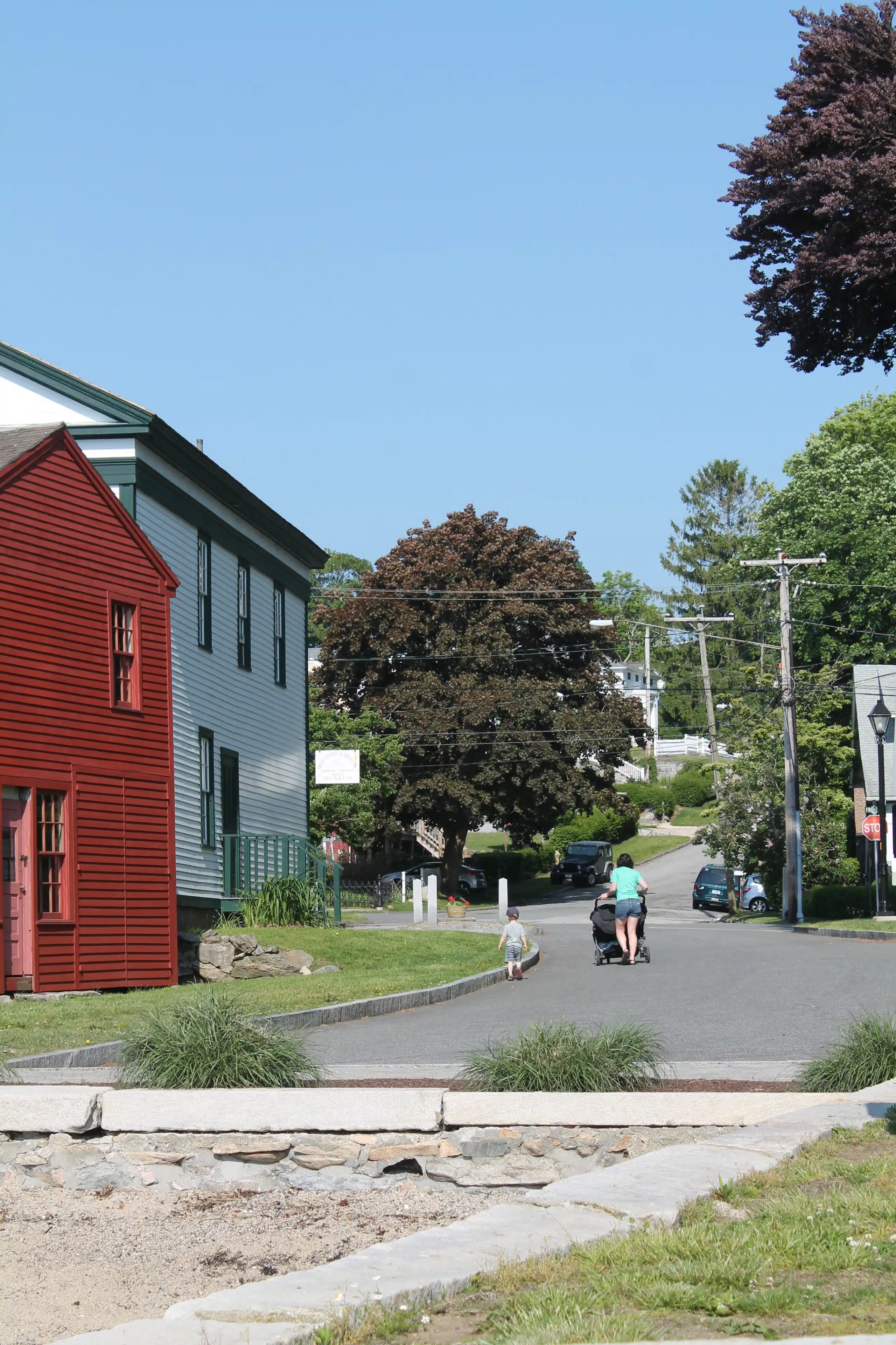 A person pushing a stroller and a child walking on a quiet suburban street lined with trees and houses under a clear blue sky.