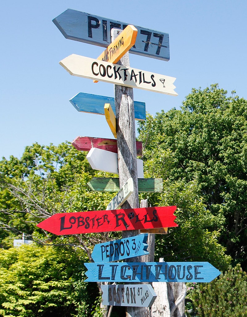Brightly colored signs point the way to Cape Porpoise attractions.