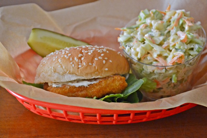 fish sandwich and coleslaw