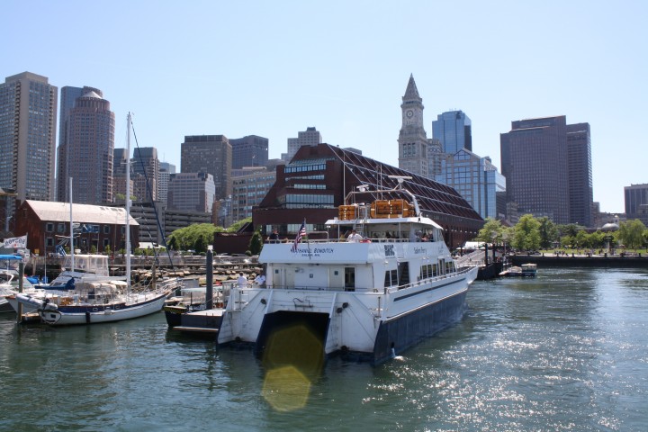 Looking back at Long Wharf, just after departure. The ferries are operated by Boston Harbor Cruises, a private company licensed by the Massachusetts Bay Transit Authority to run the line. 