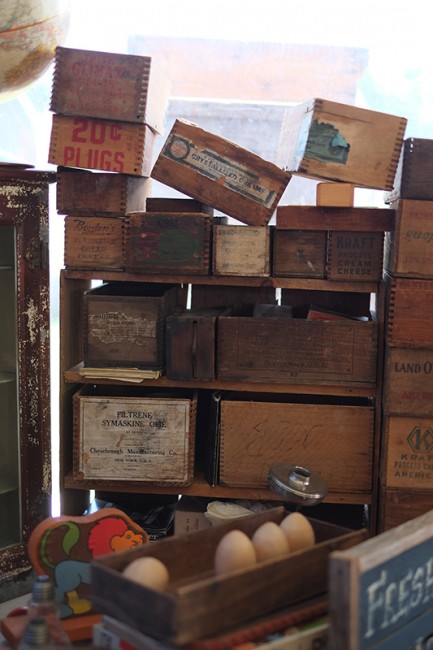 Stacks of boxes at Swampscott River Antiques and Salvage.