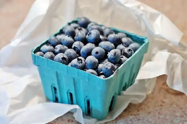 A blue cardboard container filled with fresh blueberries, placed on a crumpled piece of white paper.