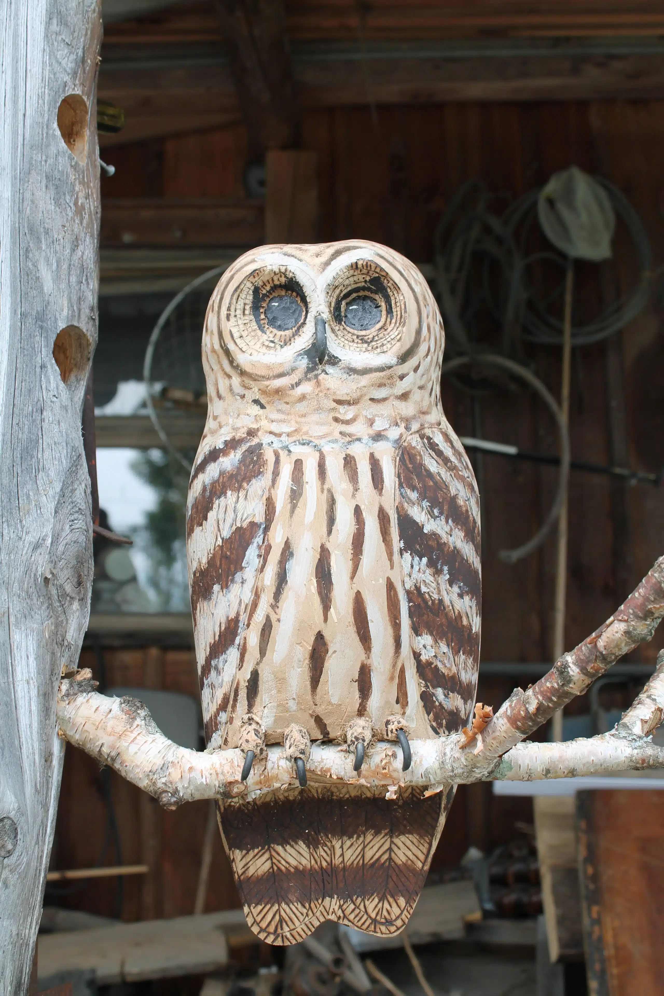 A carved wooden owl with detailed feathers sits on a tree branch inside a rustic workshop with tools and ropes in the background.
