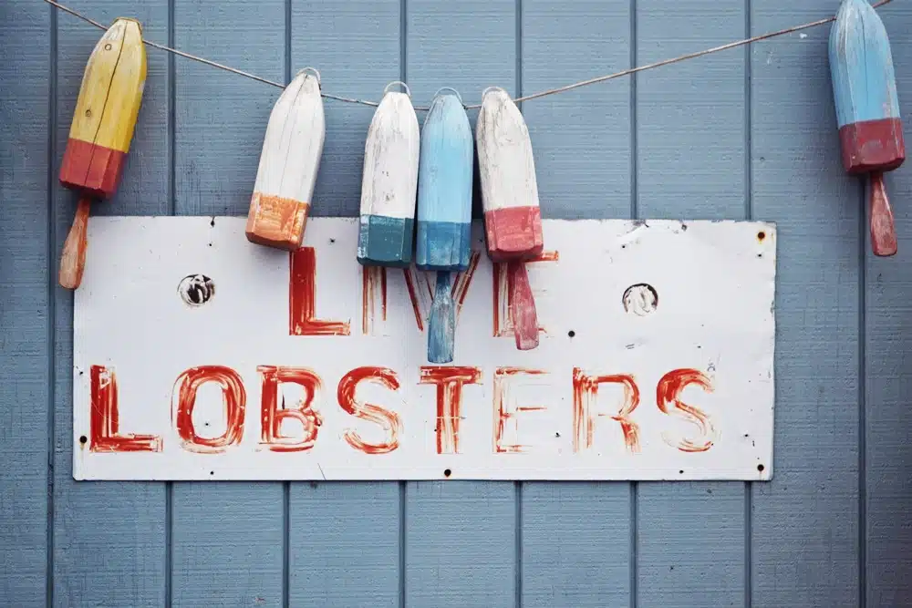 A sign reading "LIVE LOBSTERS" hangs on a blue wooden wall, decorated with colorful wooden buoys above it.