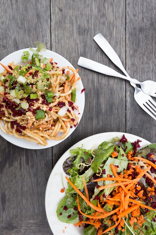 Peanut-Giner Udon Noodles and the house salad at Montague Bookmill's Lady Killigrew Cafe.