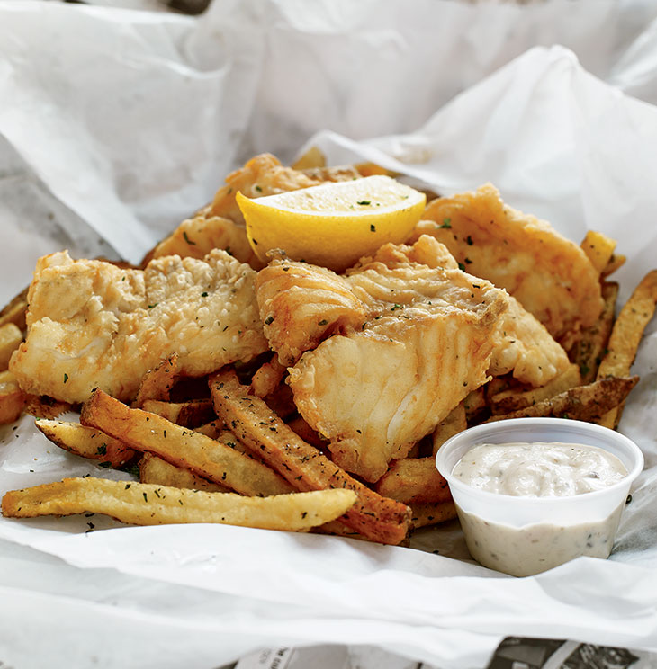 The Druid’s excellent fish and chips, served in newspaper.