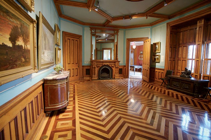 The magnificent dining room of the 1864 John Griswold House, home of the Newport Art Museum, is now the Drury Gallery, named for the late Newport painter William H. Drury, head of the art faculty at St. George’s School.