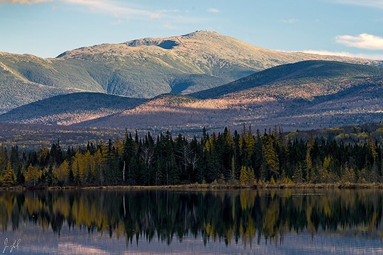 Tamaracks provide the only color in the view from Cherry Pond in Northern New Hampshire