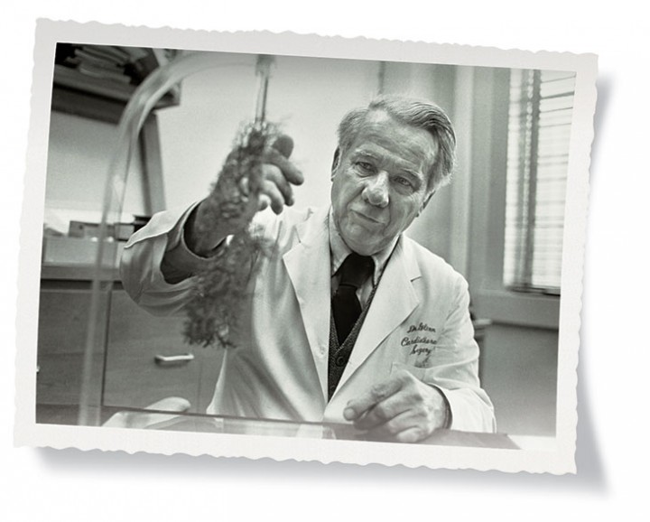 William Glenn, M.D., a pioneer in the field of cardiovascular surgery, in his laboratory at Yale–New Haven Hospital in 1978. 
