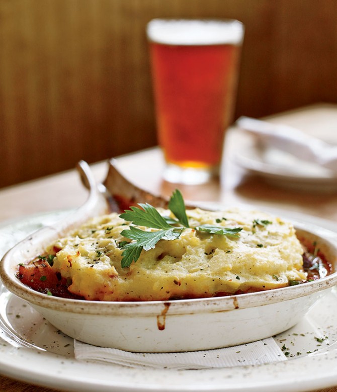 Shepherd’s pie made with lamb, vegetables, and mashed potato on top.