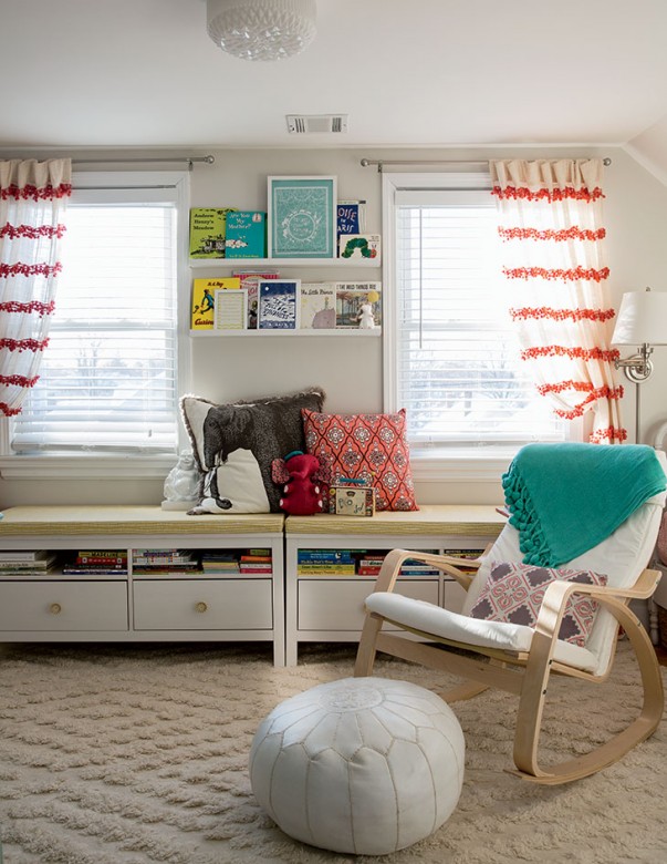 Cheery color in the twins’ bedroom comes from a throw from Marmalade, Thomas Paul and John Robshaw pillows, Anthropologie curtains, a pouf from a trip to Morocco, and a wooden Fisher-Price radio from Standley’s childhood.