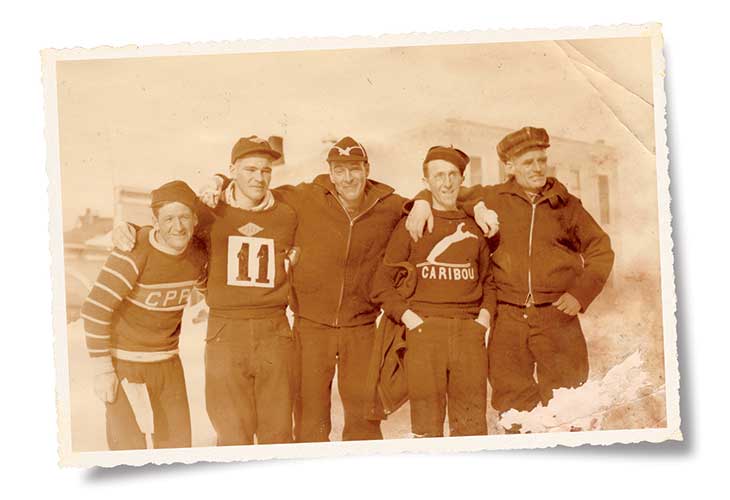 Five skiers from Aroostook County finished the 1936 Bangor-to-Caribou Marathon cross-county ski race, founded by Bob Johnson (second from right).