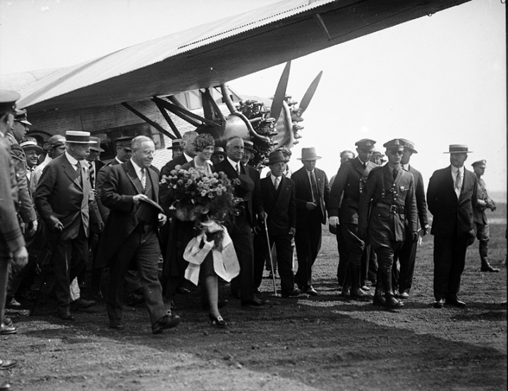 Amelia Earhart being honored at the Boston airport for being the first woman passenger on a transatlantic flight, July 1928. 