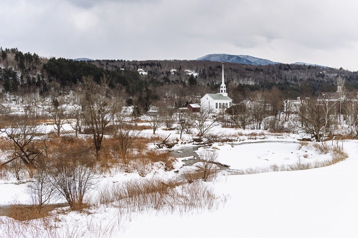 View of Stowe, Vermont with the Community Church in the distance.