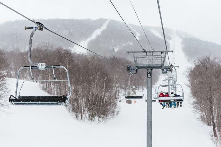 A snowy ride up the lift at Stowe Mountain Resort in Vermont.