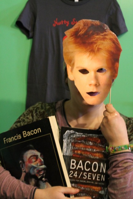 Sophie models the mask of Kevin Bacon and other inspirational Bacon Night regalia