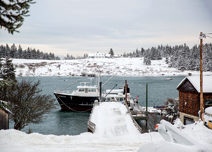 The Sunbeam, docked at Isle au Haut, after the previous night’s heavy snow